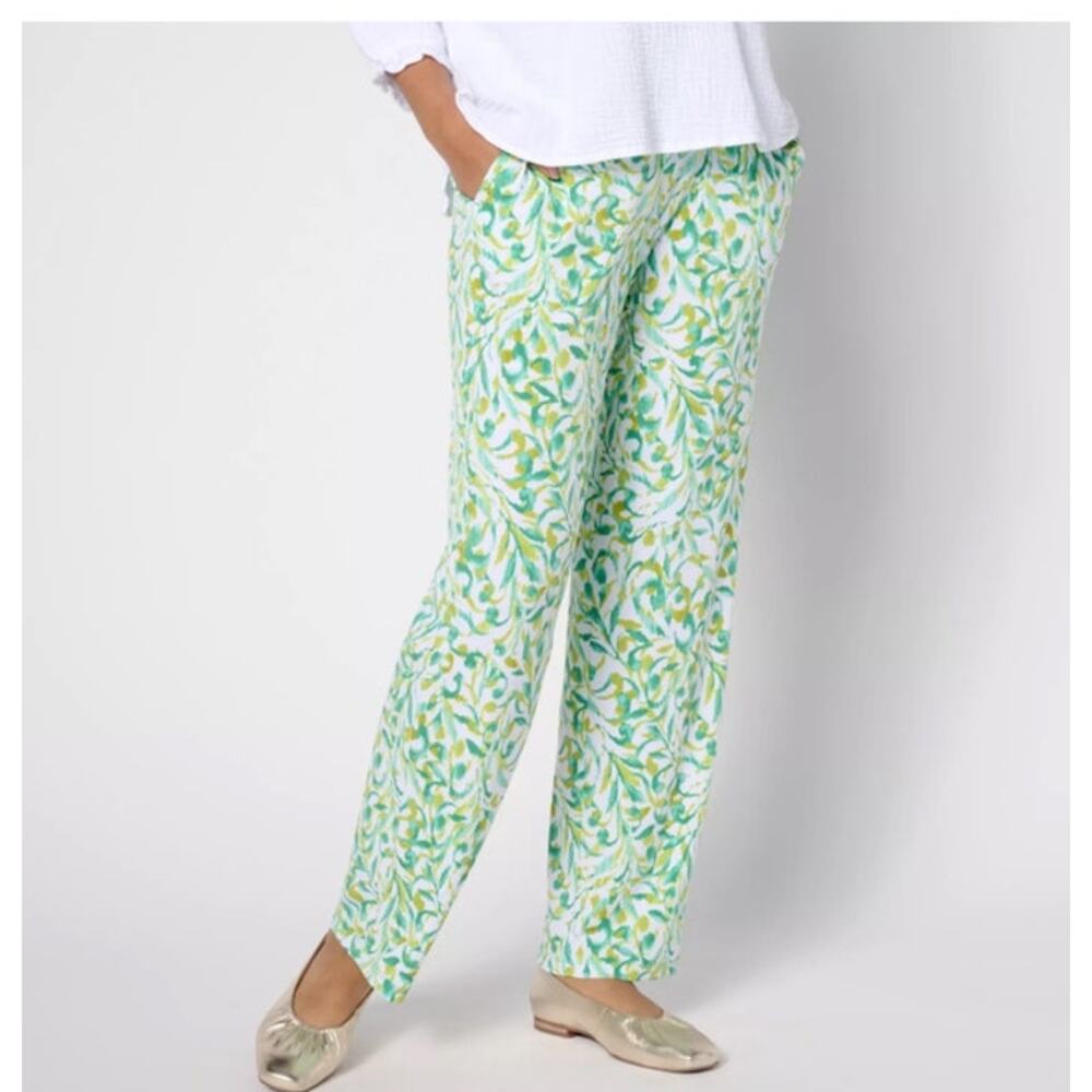 Susan Graver‎ Green Pattern High Rise Straight Leg Liquid Knit Pull On Pants 1XP